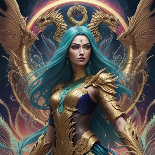 Woman with Dragon Serpent and Peacock Feather Hair
