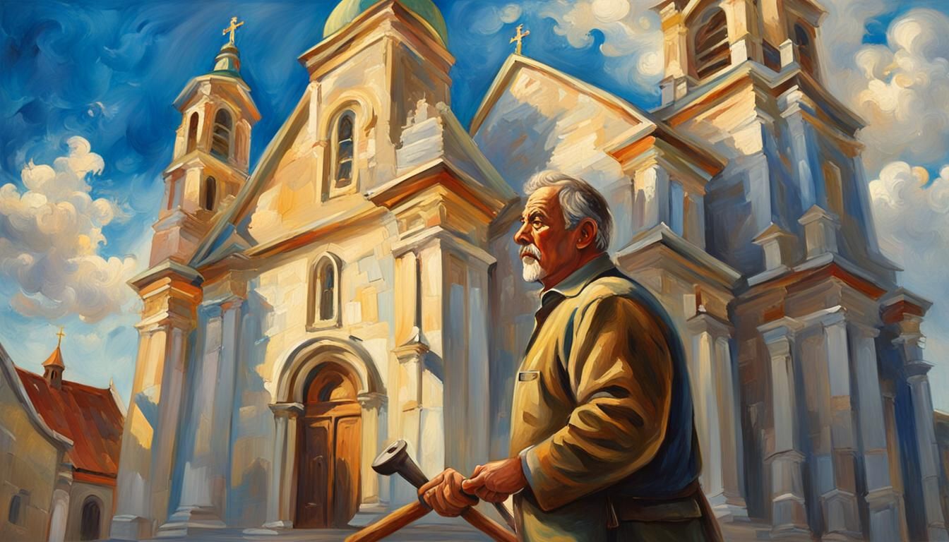 Majestic Builder Before Grand Church, Impressionist Oil