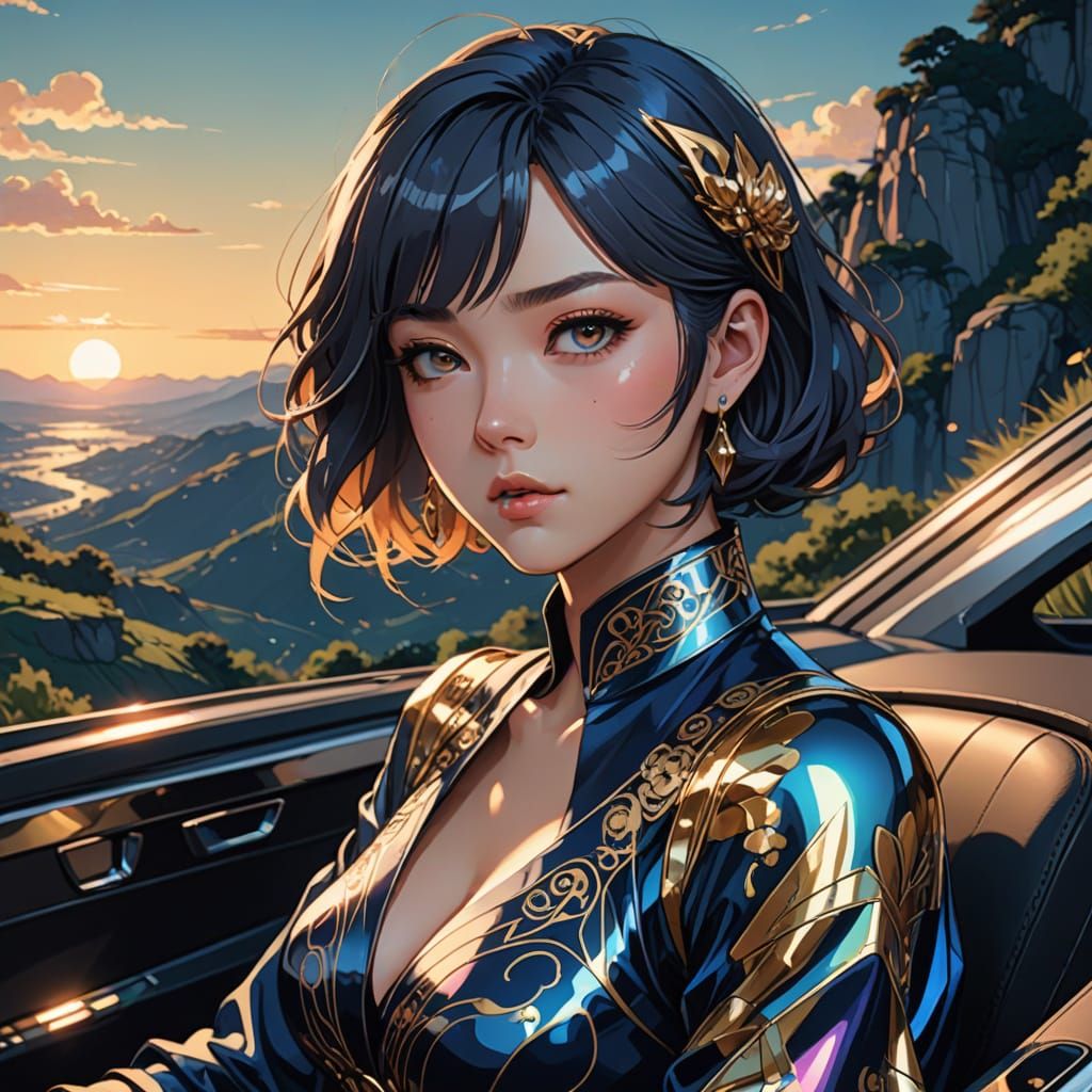 Vibrant Jugendstil Anime Girl in a Sleek Sportscar