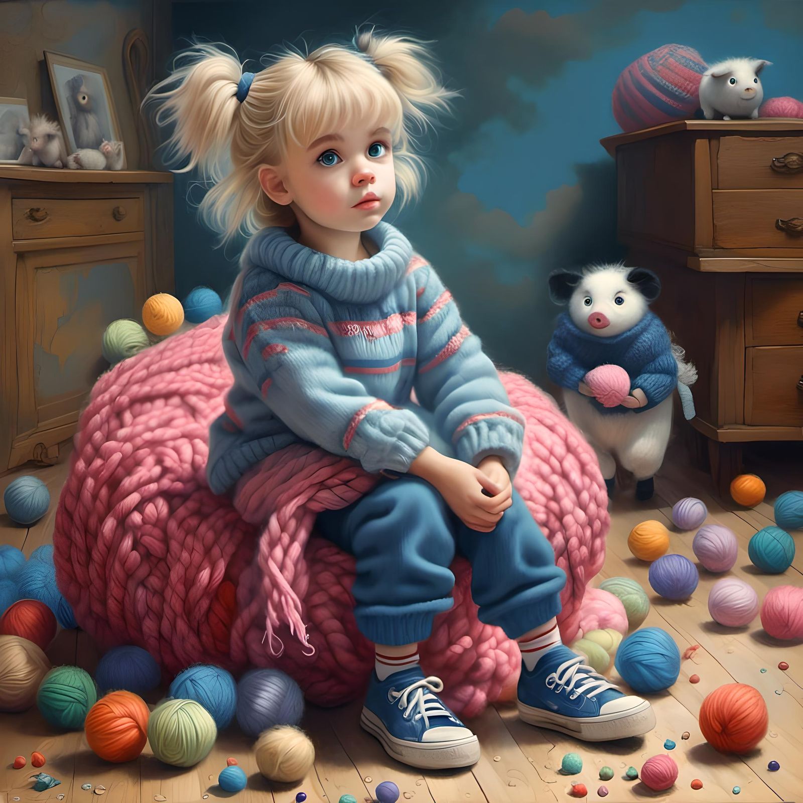 Blonde Girl Knitting Scarf in Whimsical Oil Painting