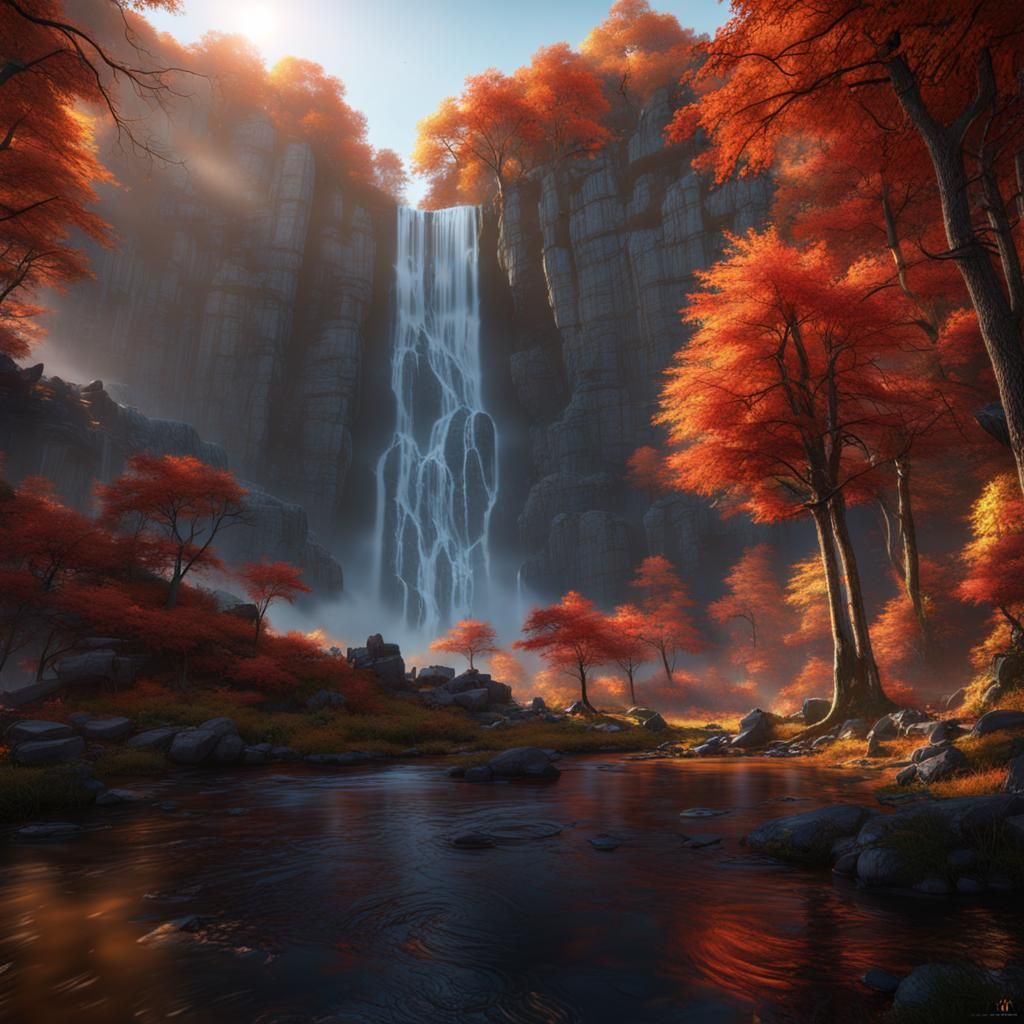Autumn Forest Waterfall at Sunrise: Fantasy Concept Art