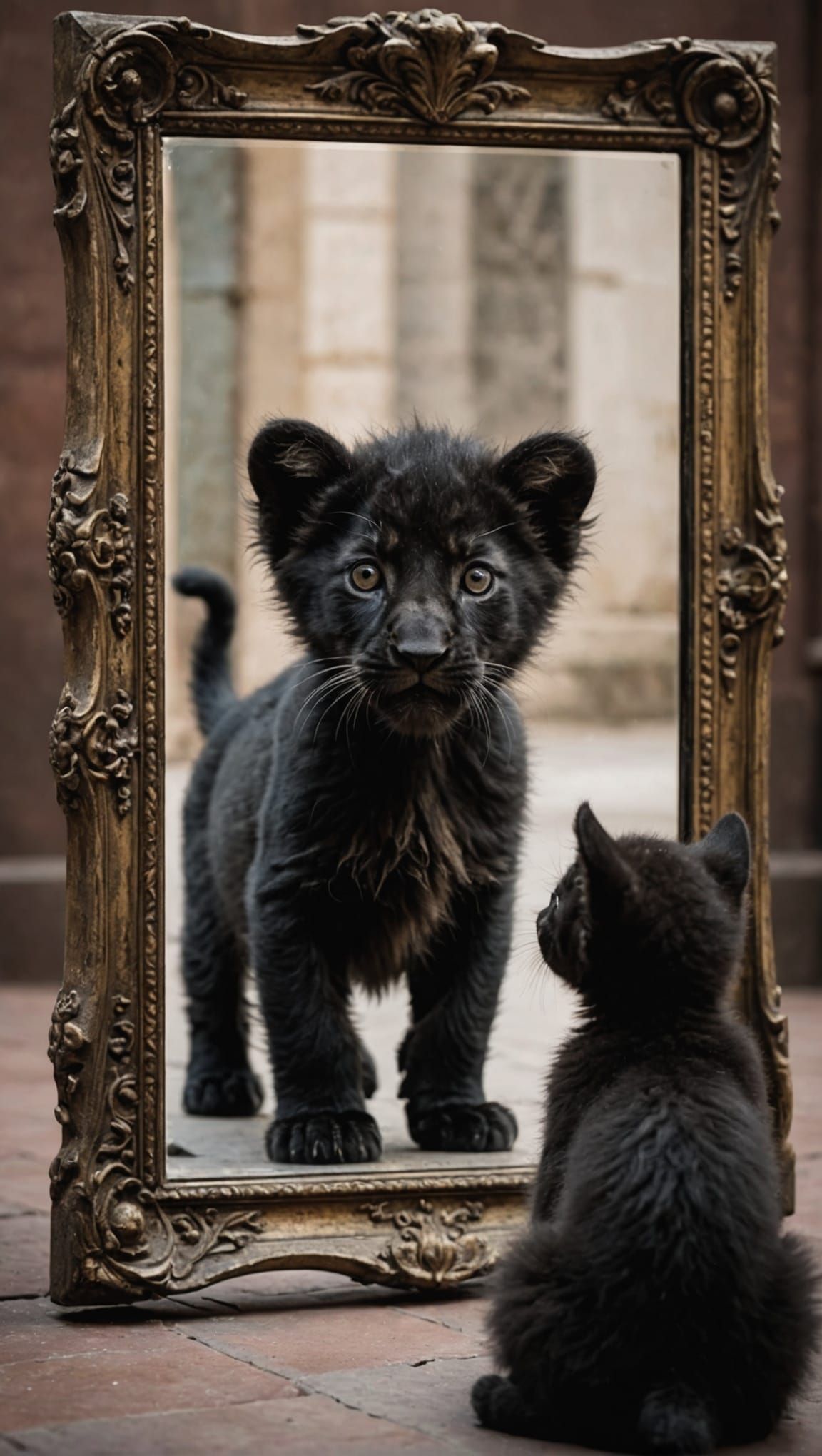 Black Kitten Sees Lion: Inner Strength Realized