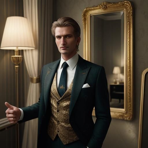 Man in Suit Adjusting Tie, Hyperrealistic Photo