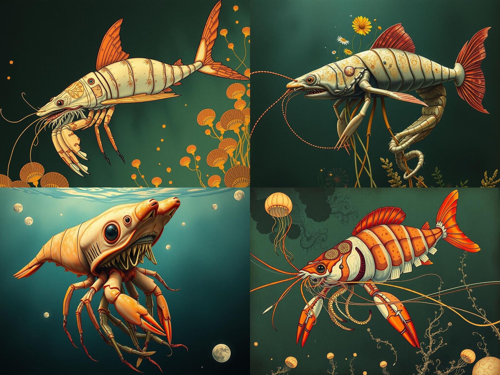 Prawn Shark Jellyfish Hybrid in Art Nouveau Style