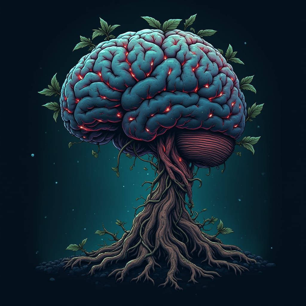 Surreal Brain Tree Logo with Glowing Neural Roots and Biolum...
