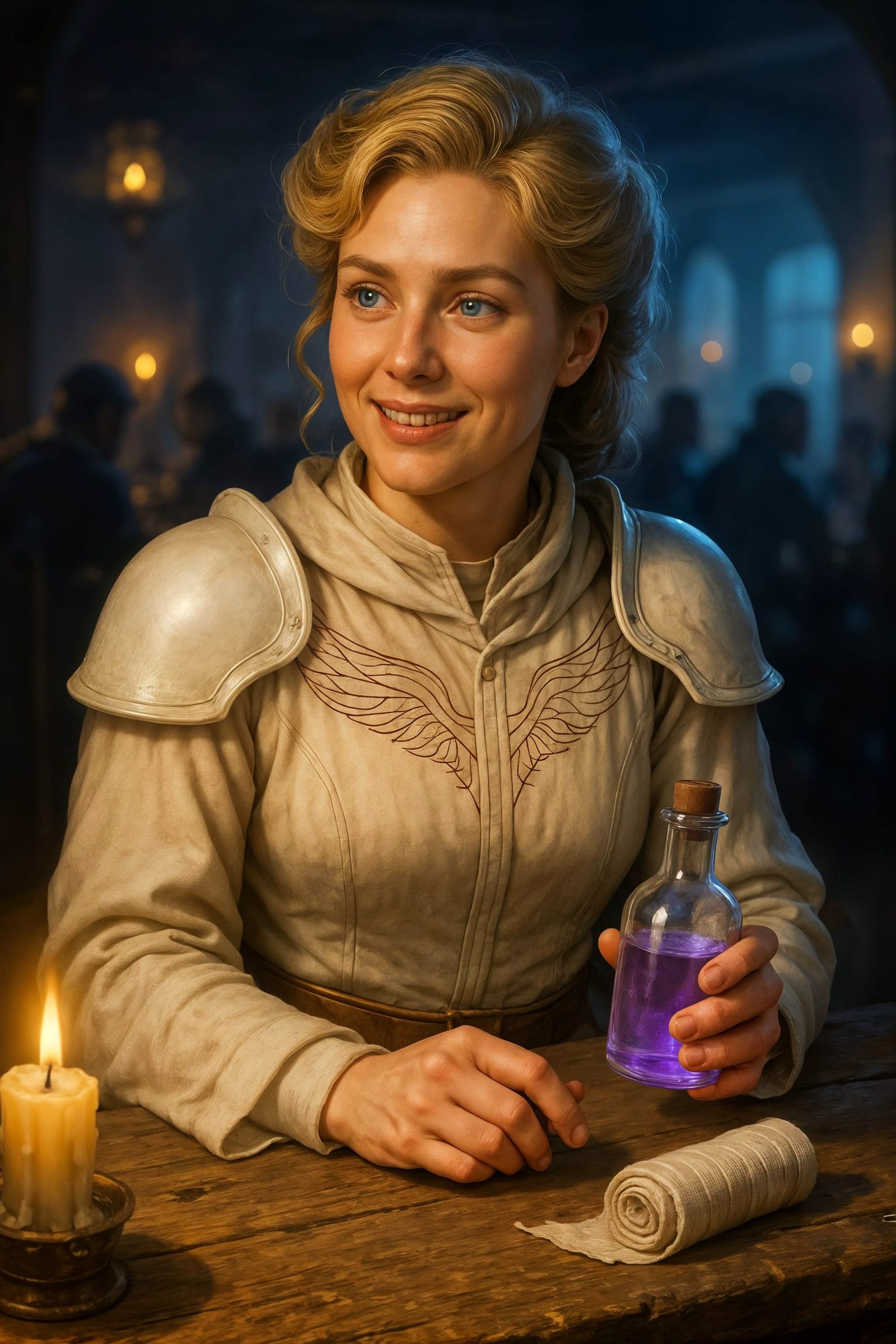 Elegant Cleric in Tavern with Healing Potion