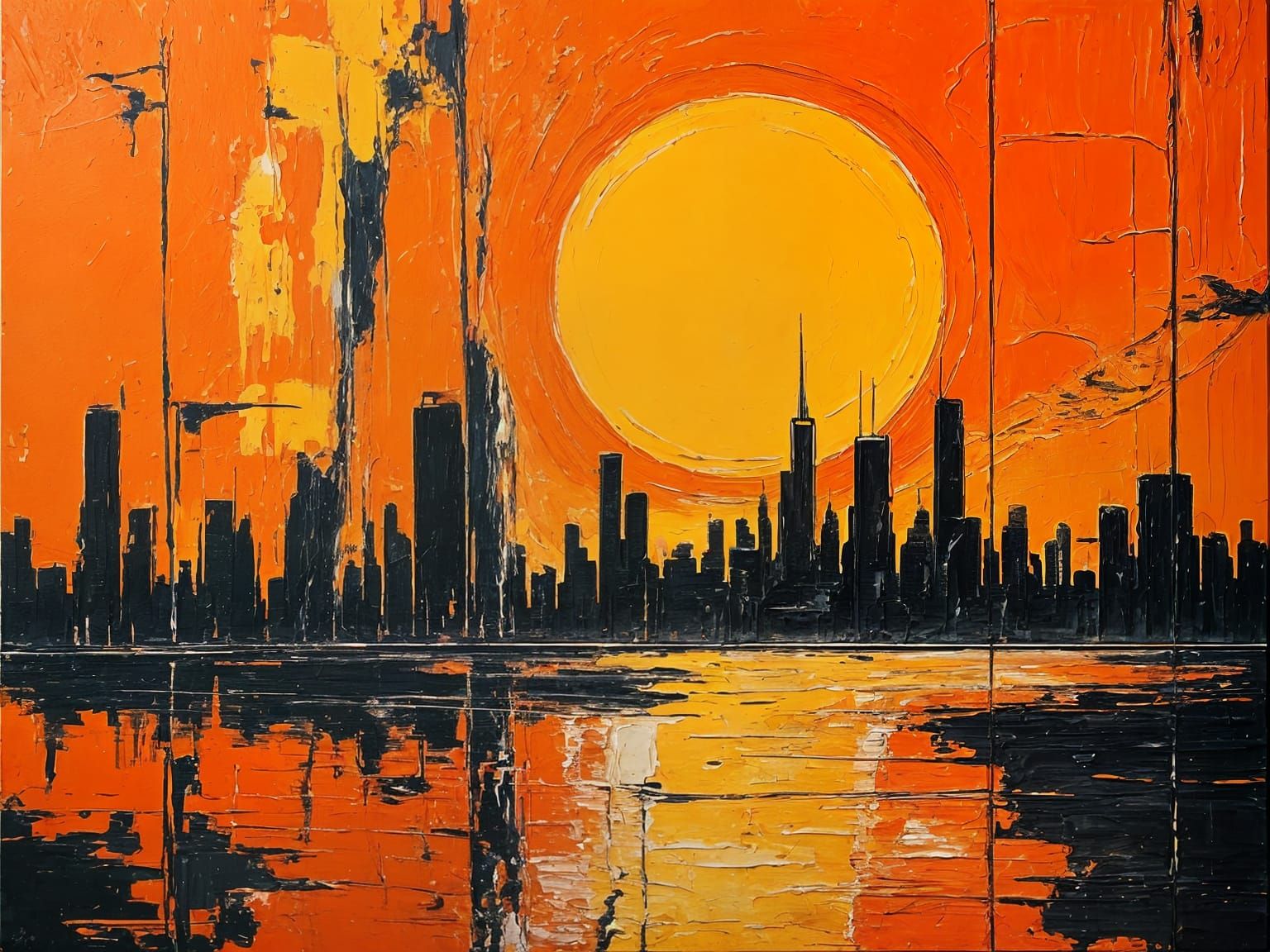 Surreal Orange Cityscape at Sunset: Impasto Painting