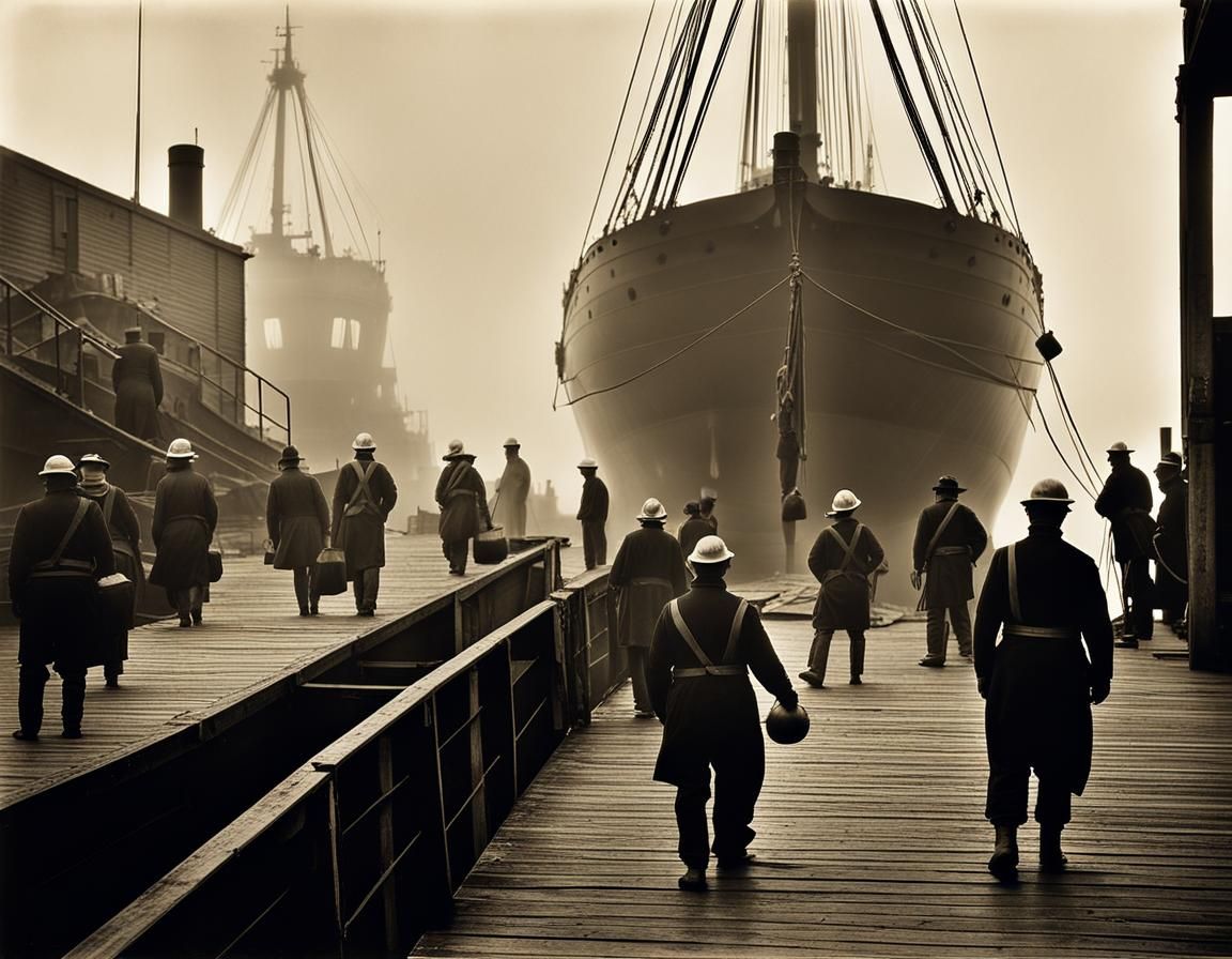 Victorian Dockyard Scene in Duotone Style