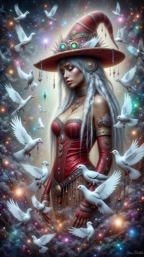 Platinum Witch Enveloped by Ethereal White Doves