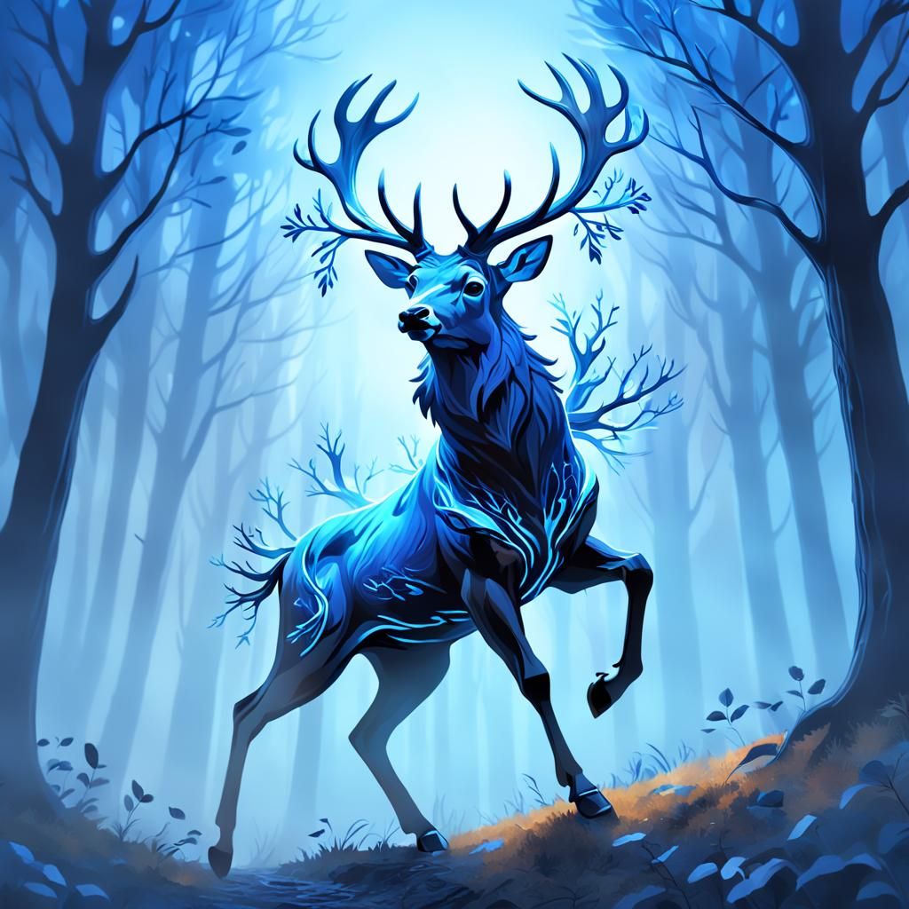 Blue Light Stag Leaps Through Misty Forest