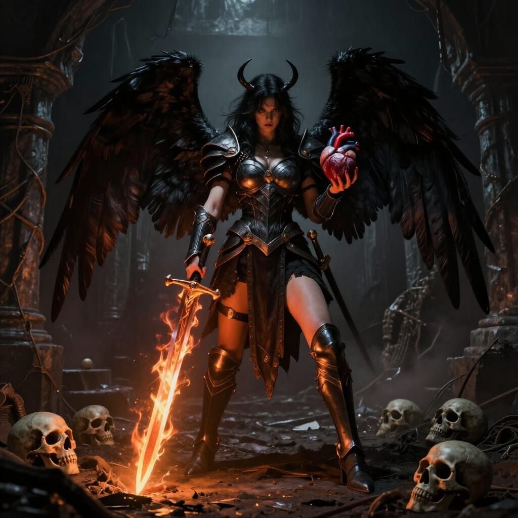Fallen Angel Warrior with Glowing Sword and Human Heart