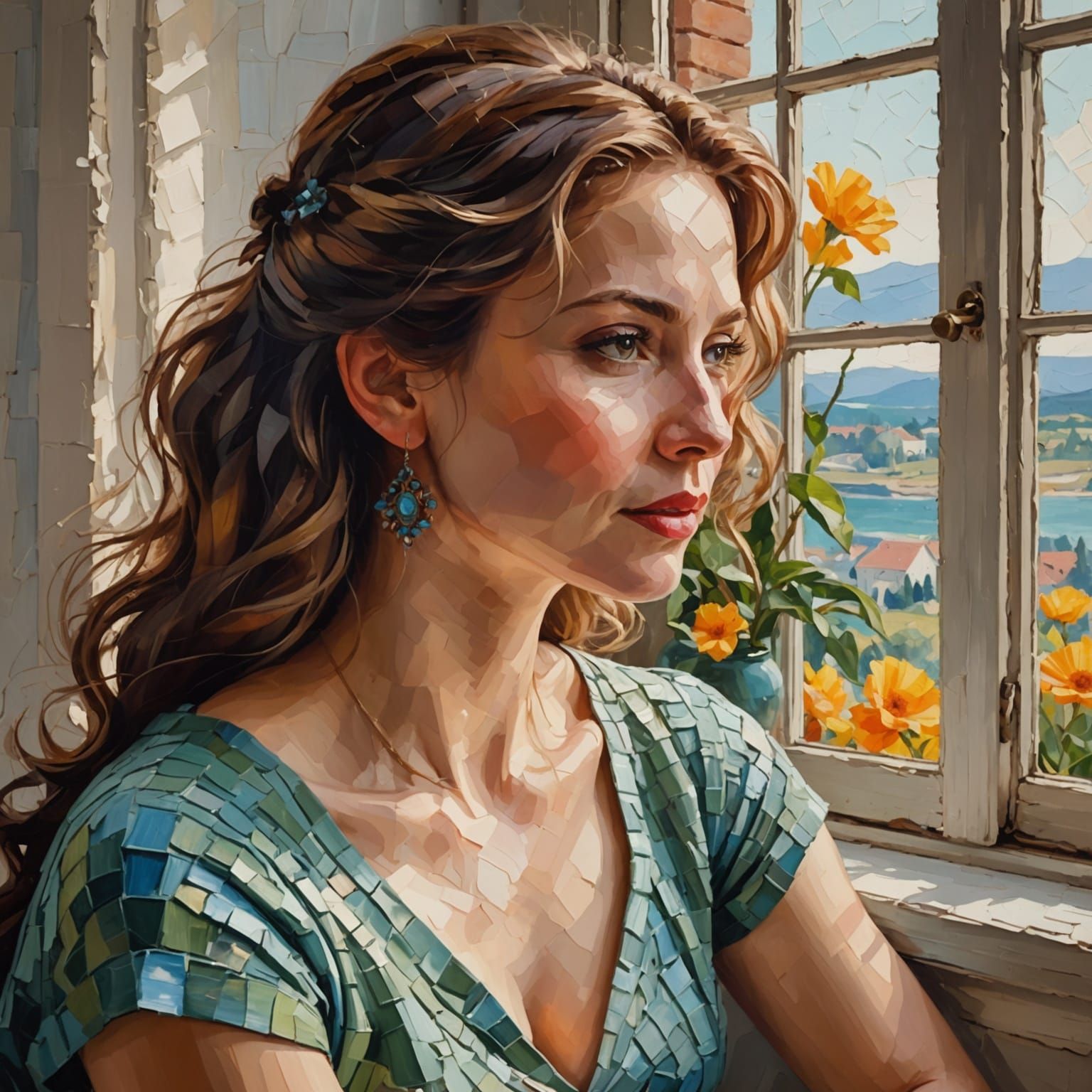 Woman by Window in Impasto Style