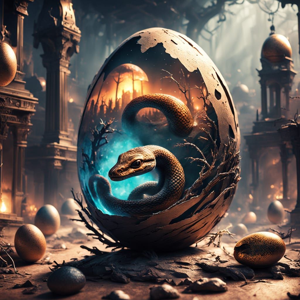 Golden Hues Illuminate Giant Egg's Cracked Shell