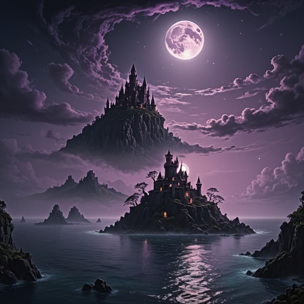 Sinister Island Castle Under Moonlight: Matte Painting