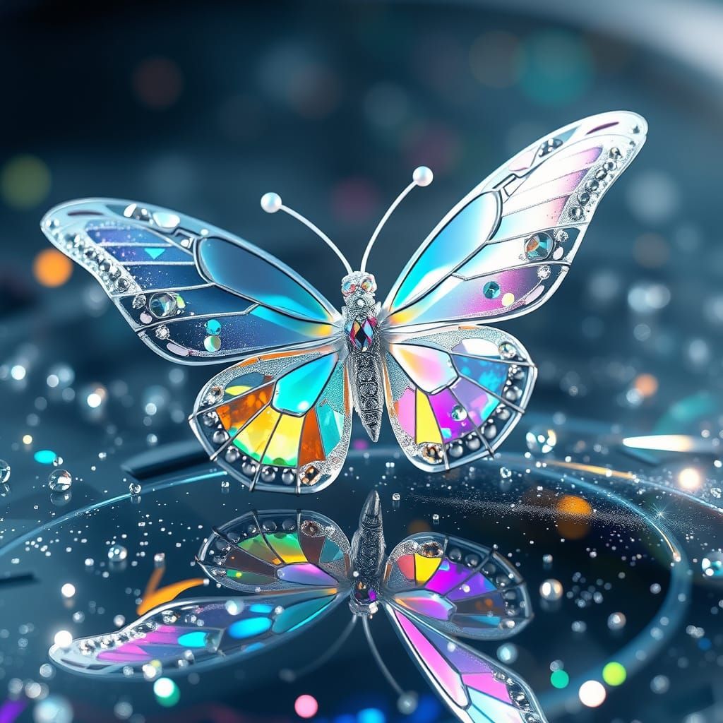 Iridescent Butterfly on Glossy Holographic Glass