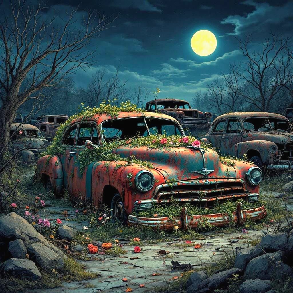 A rusty, abandoned car overgrown with vines and flowers, sit...