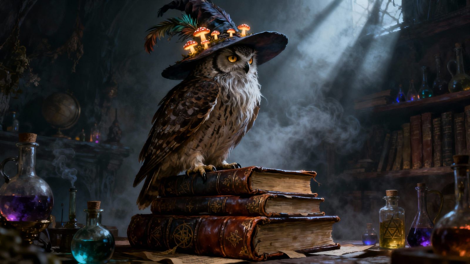 Wise Owl Witch in Spellbook Study