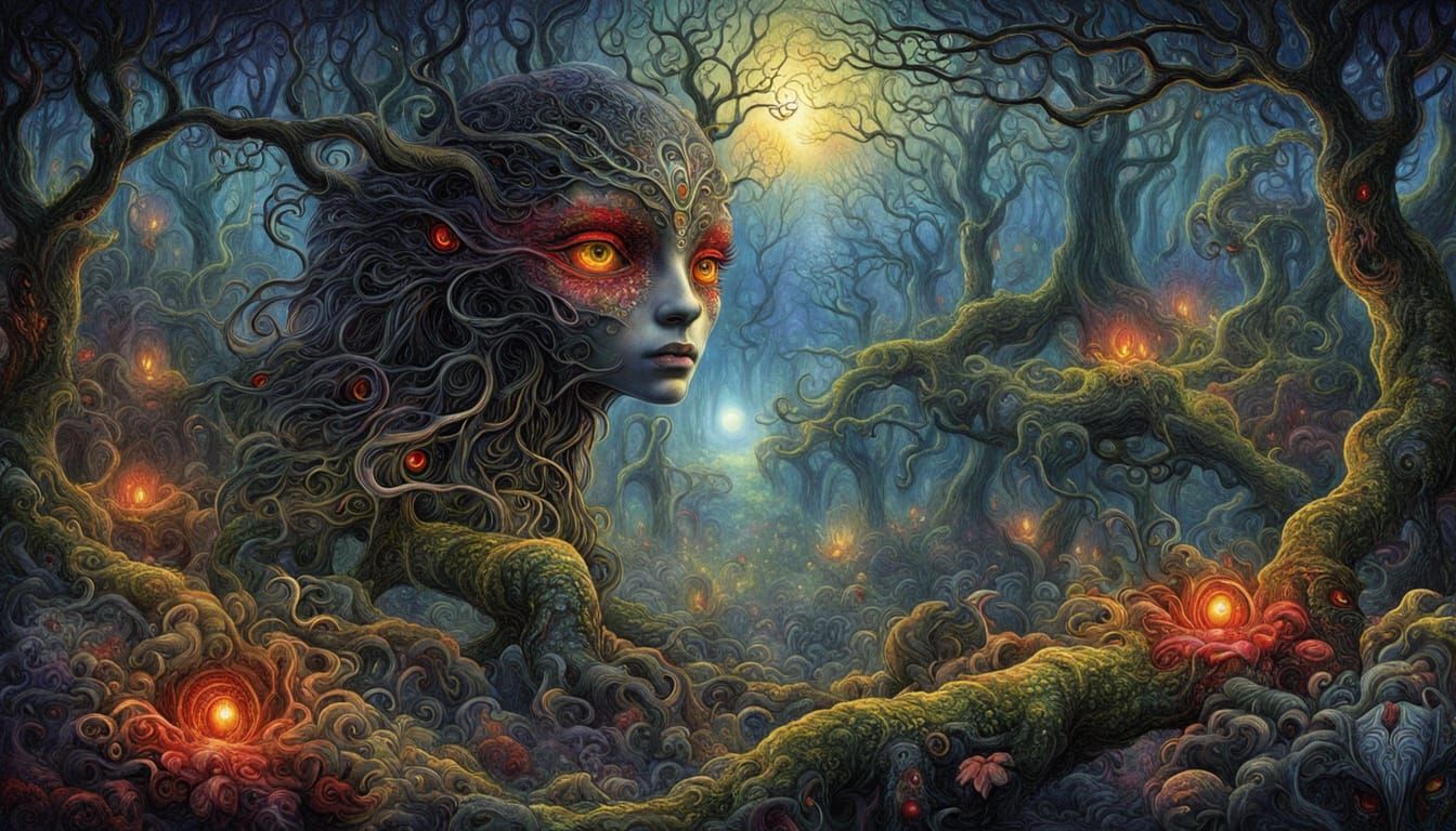 Eerie Forest Garden with Glowing Eyes in Surreal Style