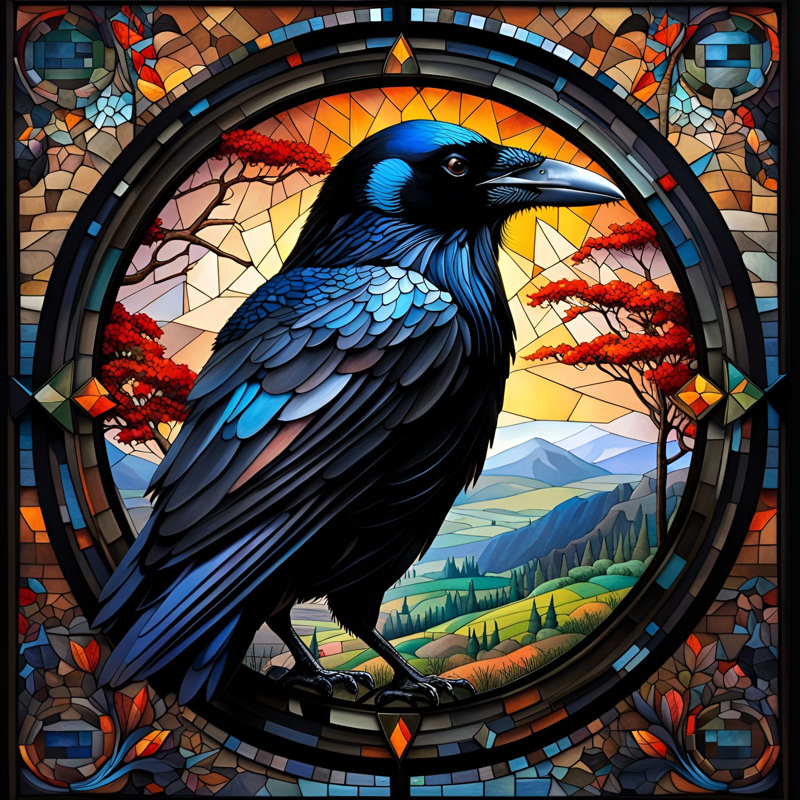Mosaic Crow Portrait with Landscape Backdrop