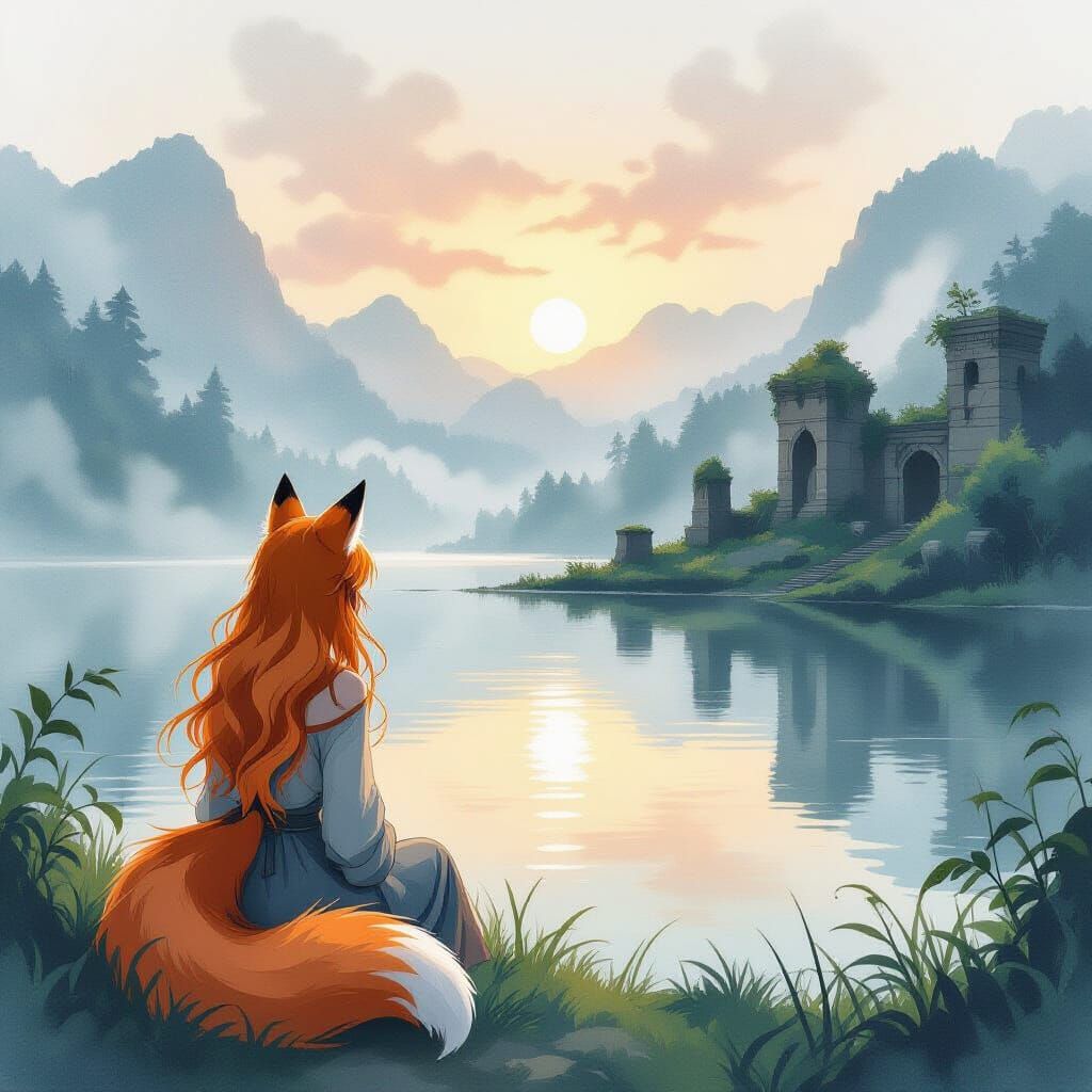 Melancholic Fox Woman Gazes at Misty Lake at Dawn