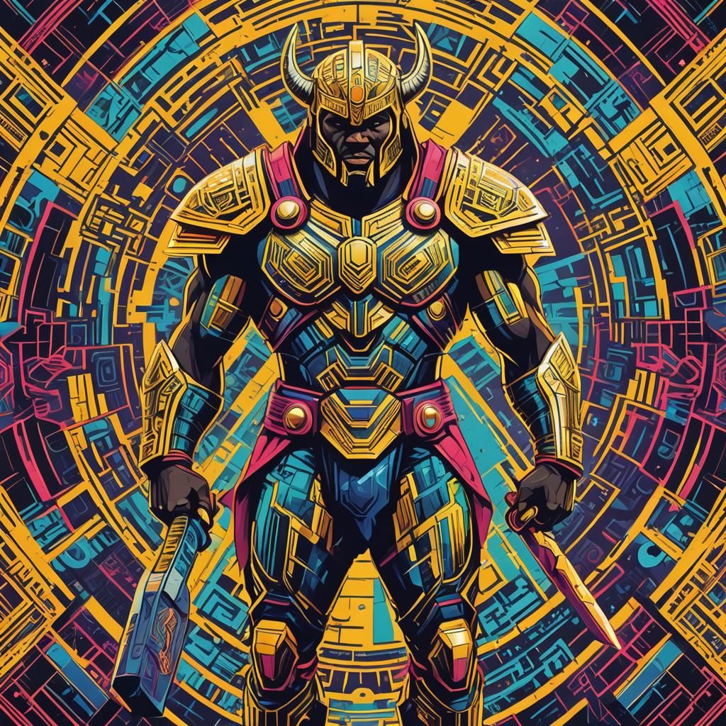 Afrofuturist Warrior with Mjolnir in Pop Art Style