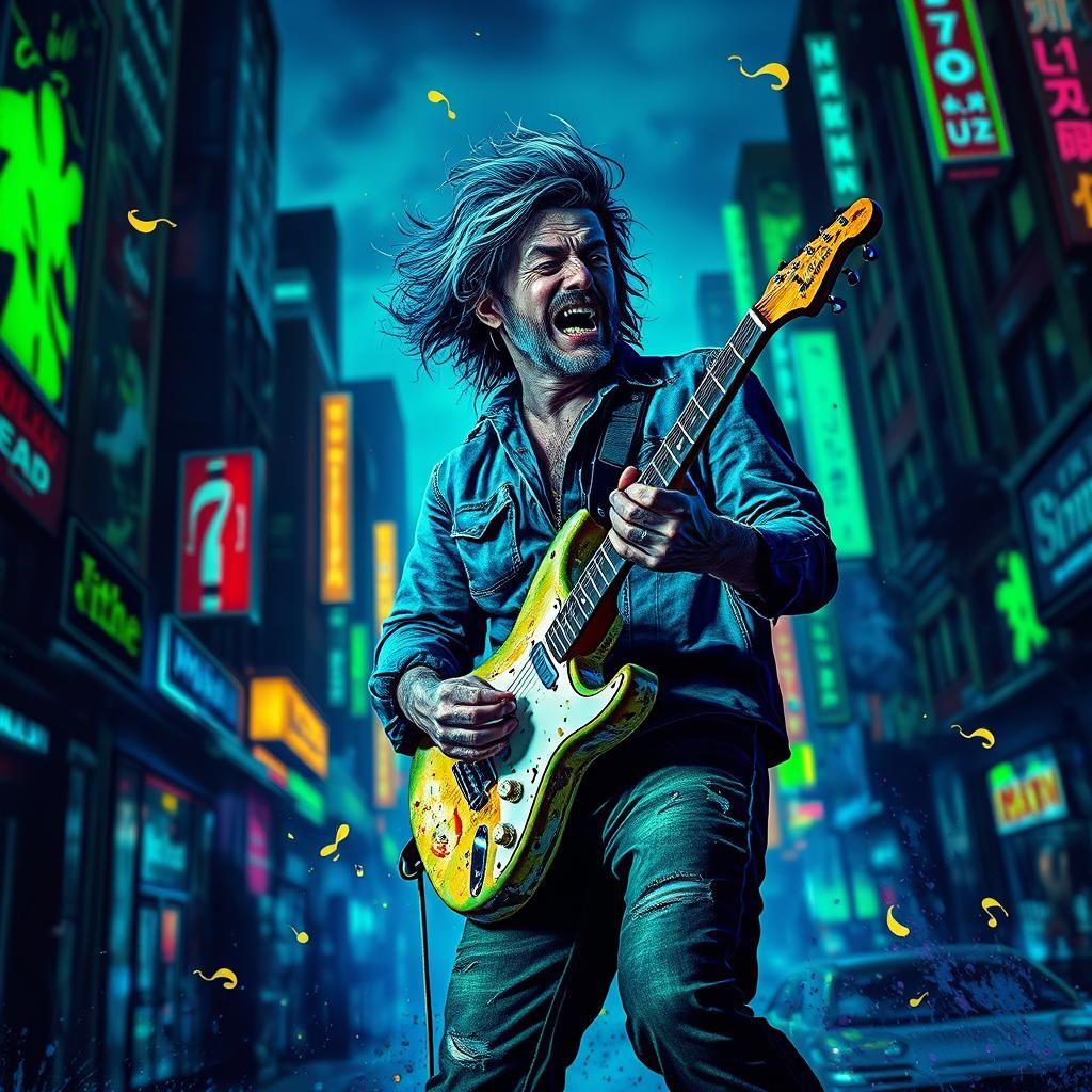 Fluorescent Cityscape Blues Guitarist in Cyberpunk Style