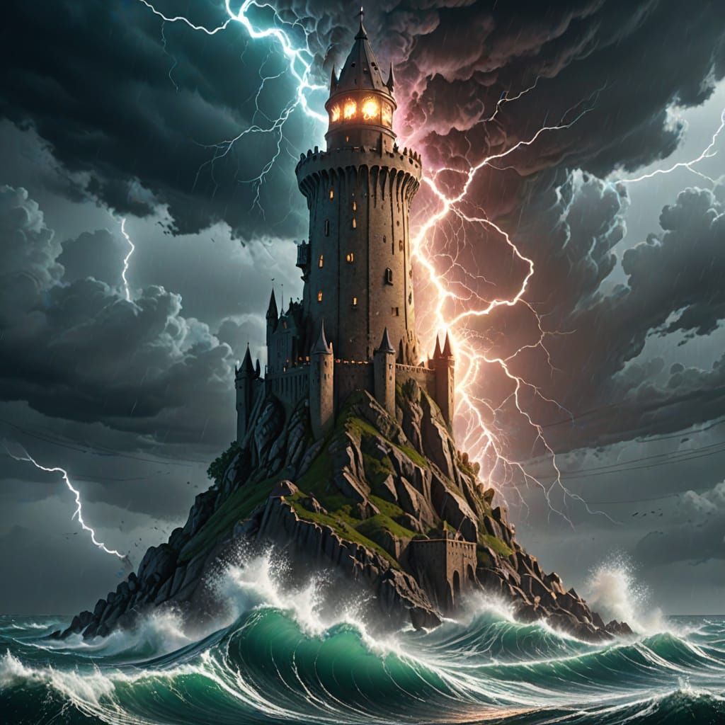 Fantasy Tower Amidst Ocean Storm with Lightning Strikes