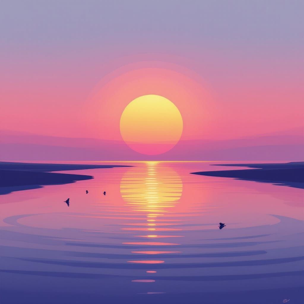 Minimalist Beach Dusk Scene with Glowing Ripples