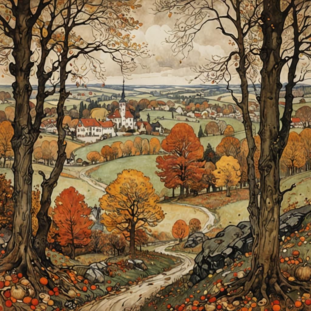 Autumn Thanksgiving Landscape in Art Nouveau Style