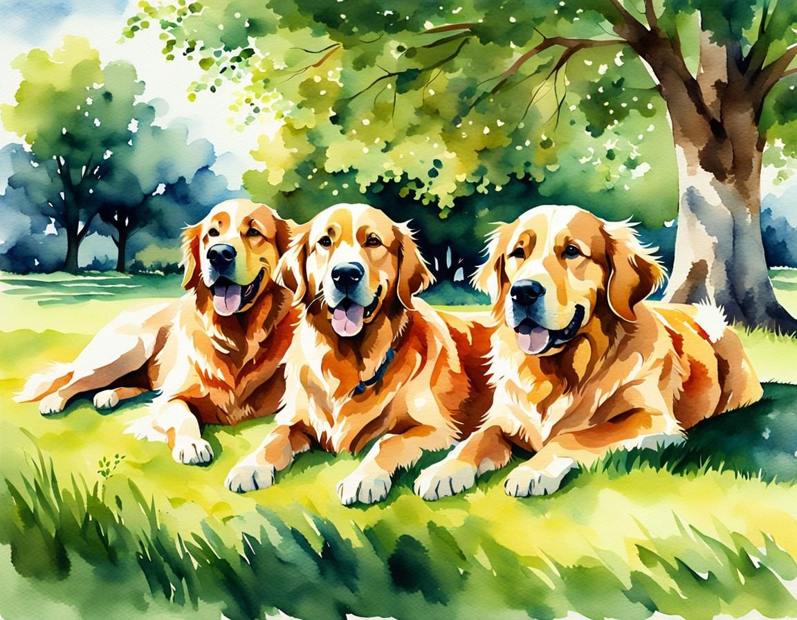 Watercolor Golden Retrievers Under Shady Trees