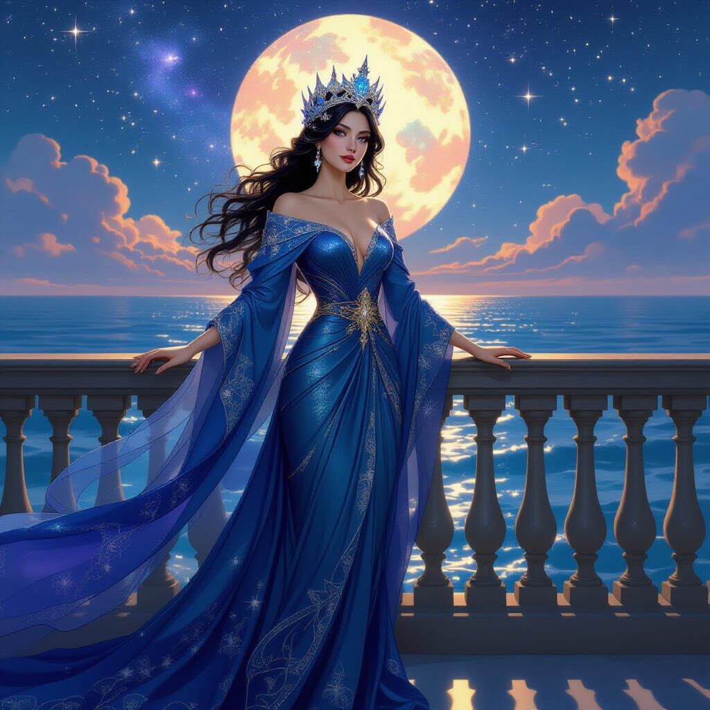 Regal Queen in Cosmic Robes with Stardust Crown