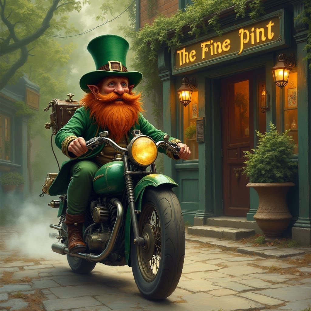 Leprechaun Rides Motorcycle to The Fine Pint Pub