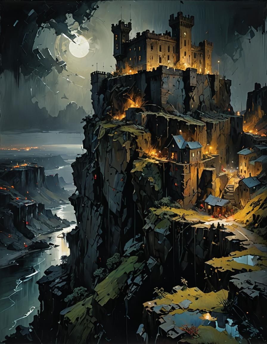 Dark Fortress Perched on Jagged Cliff: Matte Painting