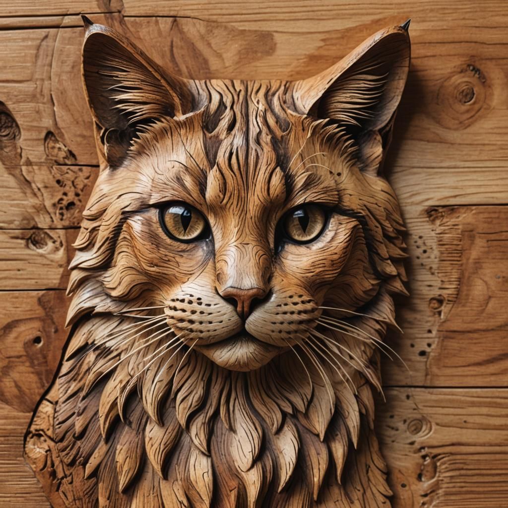Realistic Wood Carving of a Cat