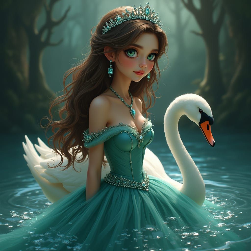Regal Princess and Swan in Dreamlike Style