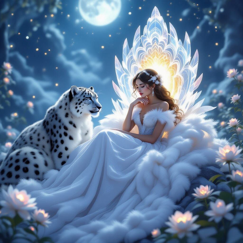 Ethereal Girl on Crystal Throne with Snow Leopard