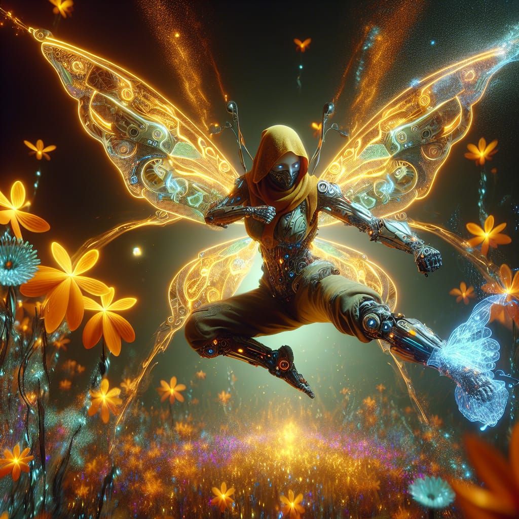 Cyberpunk Warrior with Bioluminescent Wings in Digital Art