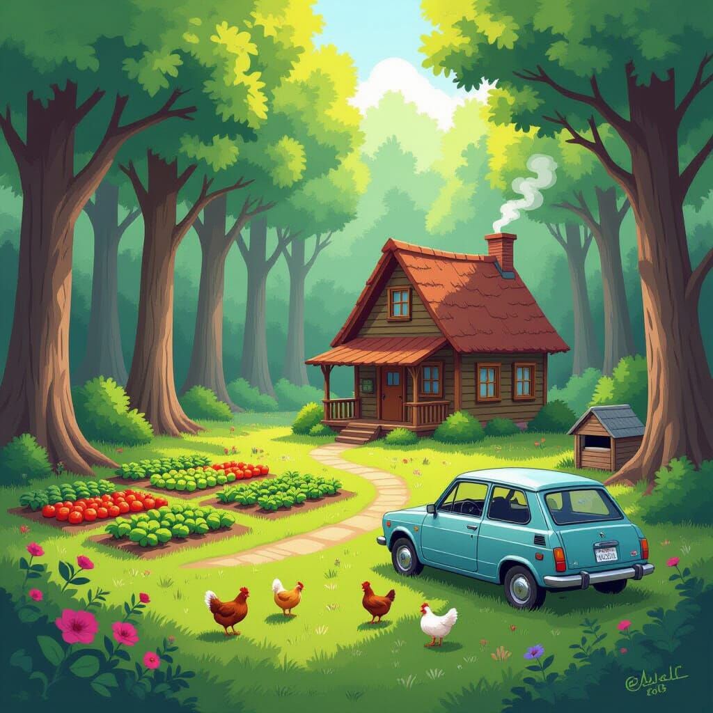 Rustic Home in Forest Clearing with Garden