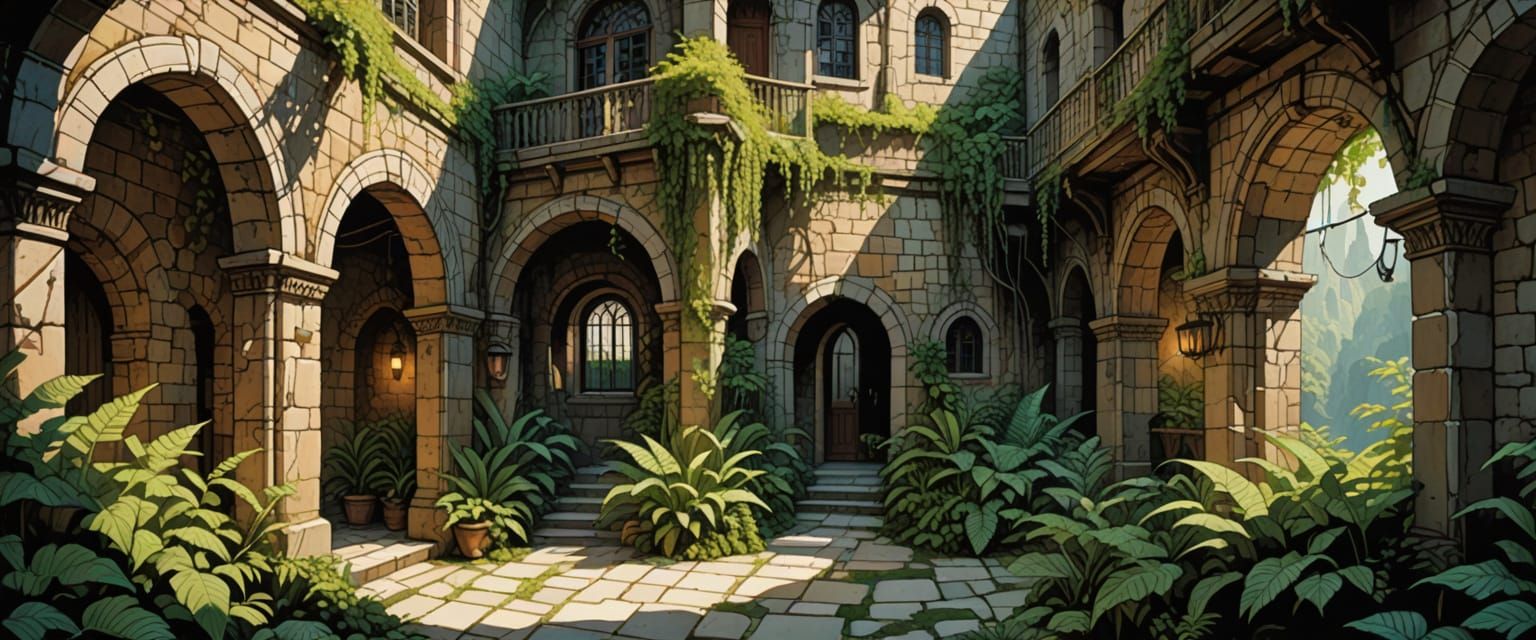 Comic Book Bathroom Dungeon with Ferns in Watercolor