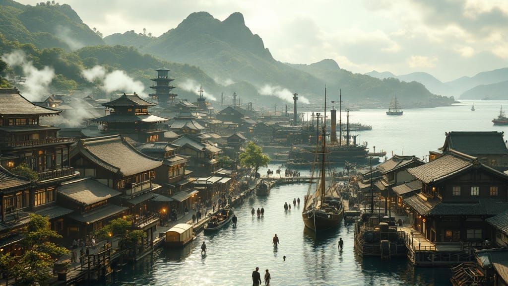 Meiji Era Japanese Port Town in Anime Style