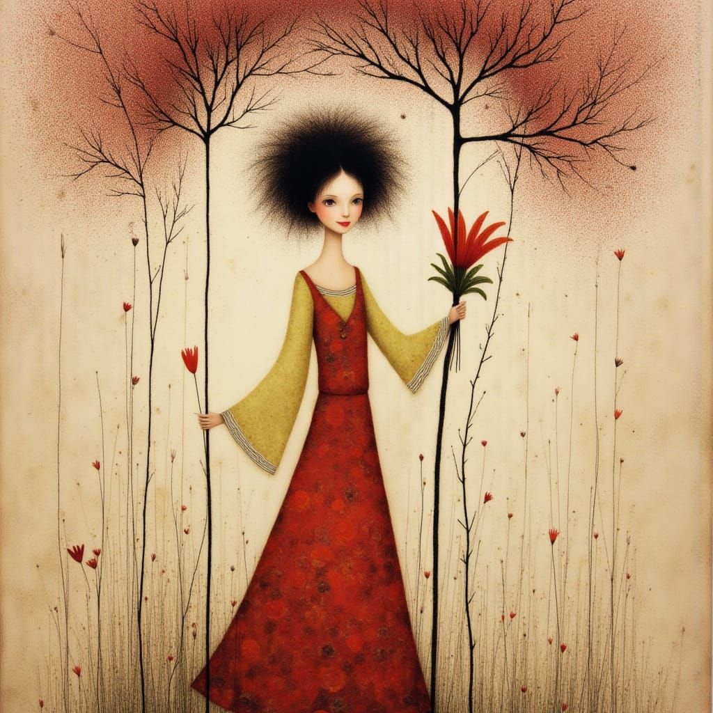 Gloomy Lady Under Willow Tree in Watercolor and Ink