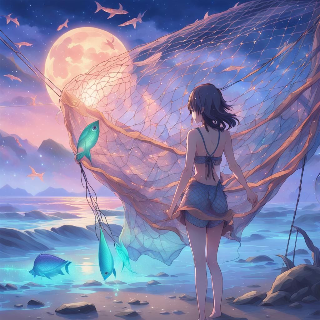 Anime Woman Hauling Glowing Fish on Beach