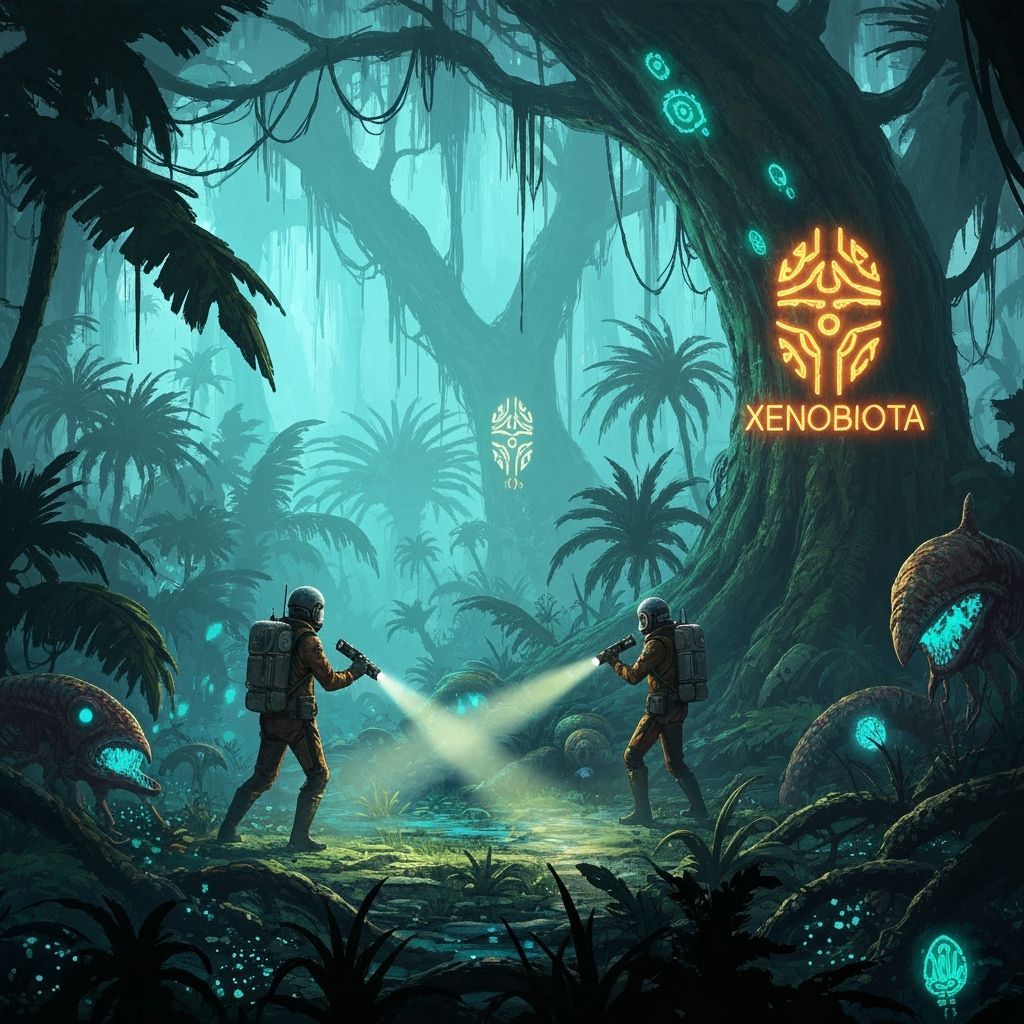 Space Explorers in Alien Jungle with Bioluminescent Flora