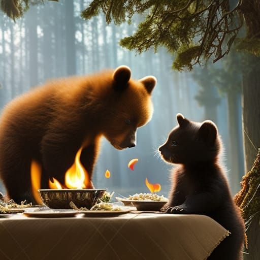 Baby Bear and Kitten Breakfast by Fire