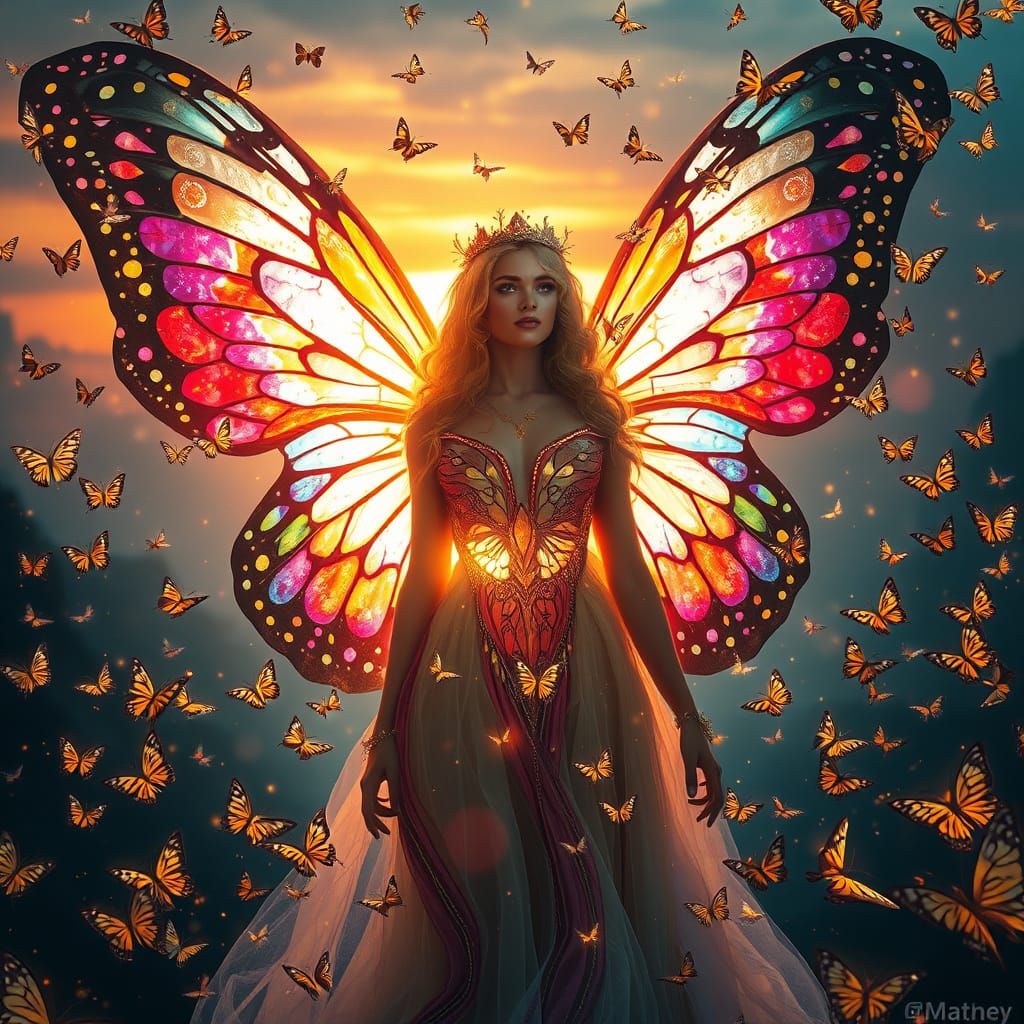 Fairy Queen With Stained Glass Butterfly Wings at Sunset