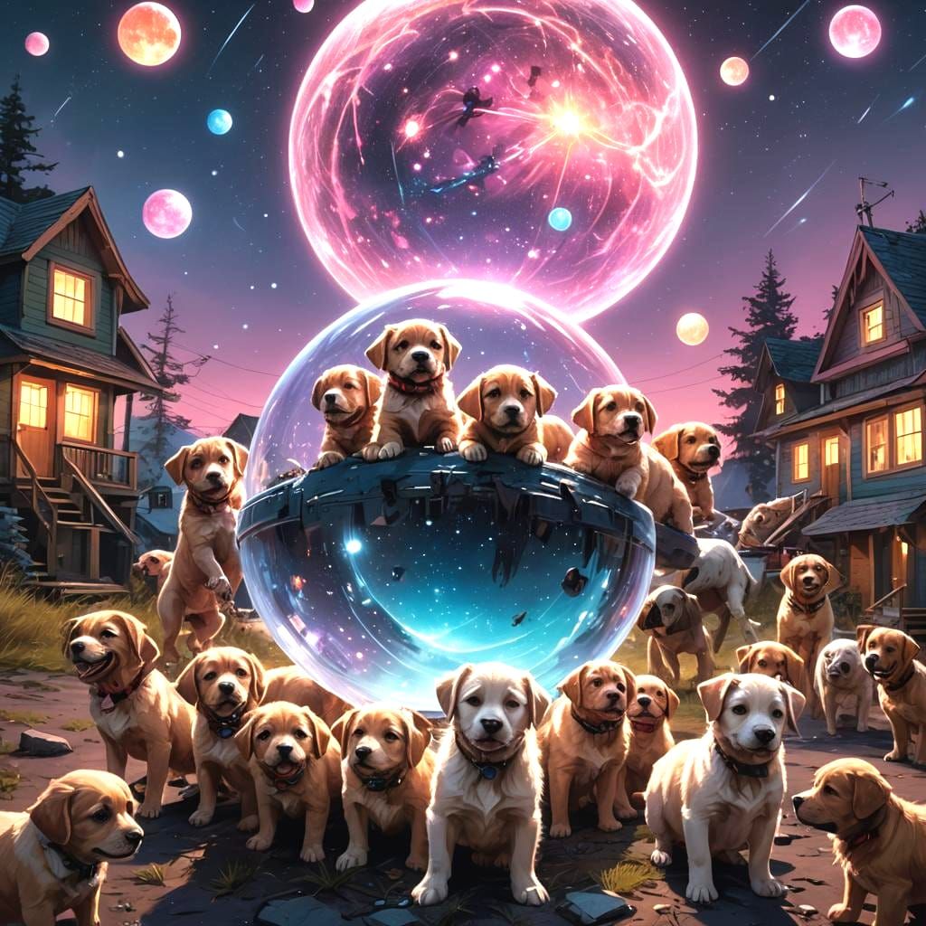 Glossy White Puppies Dancing: Detailed Matte Painting