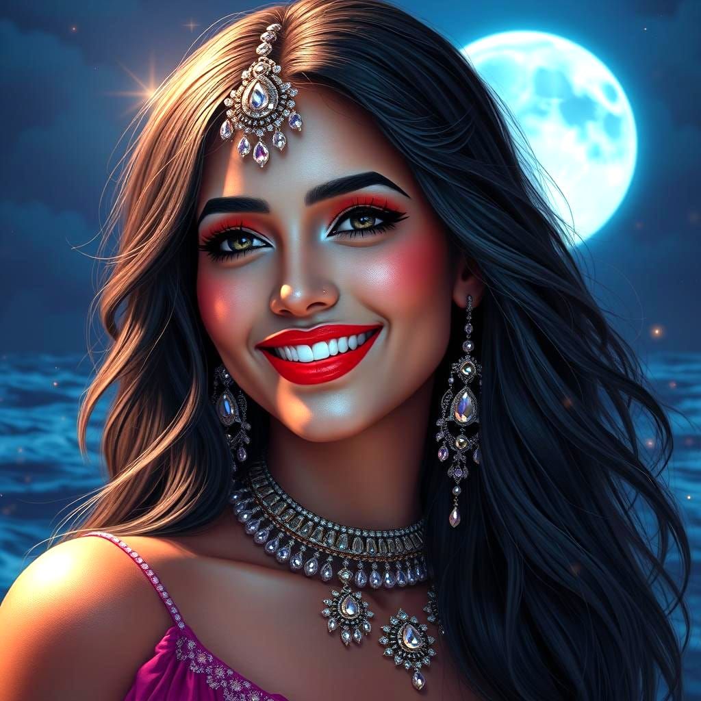 Indian Woman with Red Lips on Ocean Beach