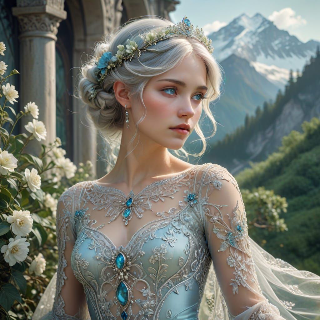 Ethereal Woman in Mountain Landscape, Baroque Fantasy Art