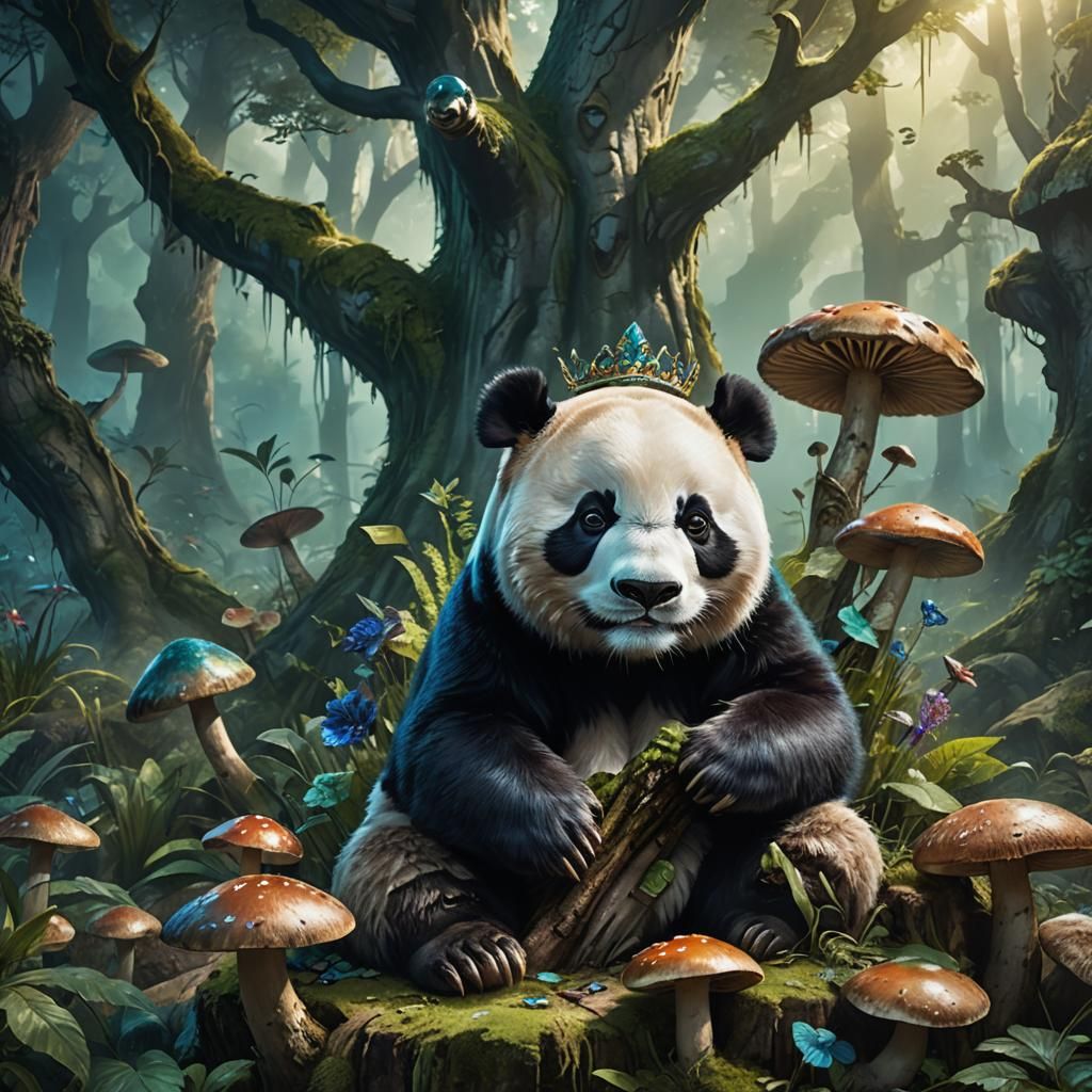 Panda King on Mushroom Throne: Fantasy Matte Painting