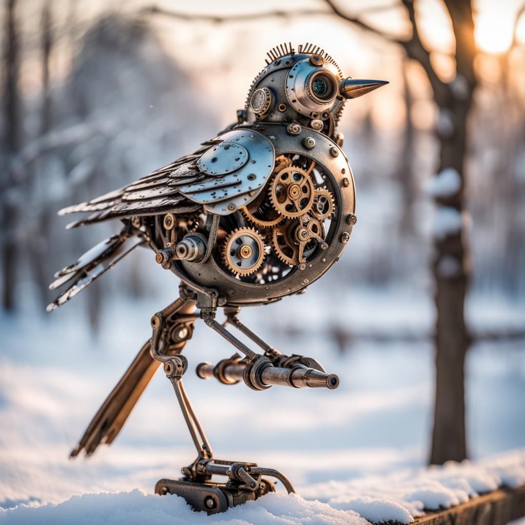 Steampunk Bird on Snowy Branch: Detailed Metalwork